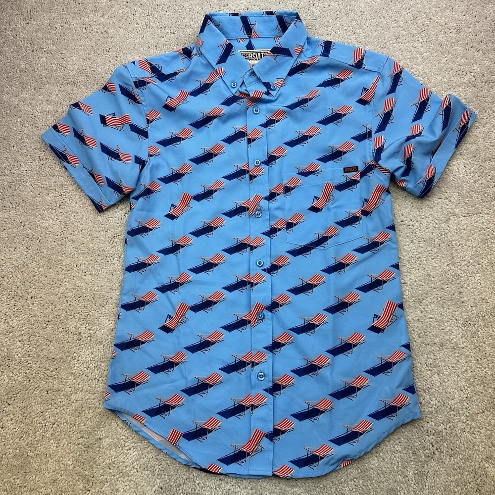 RSVLTS American Beach Day Mens XS KUNUFLEX Shirt US Flag Lounge Chairs Blue EUC